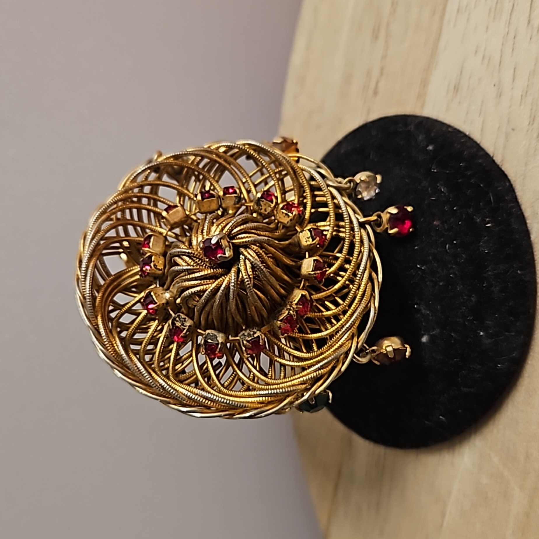 Vintage Goldtone Sombrero Rhinestone Embellished Brooch Multicolored Dangles
